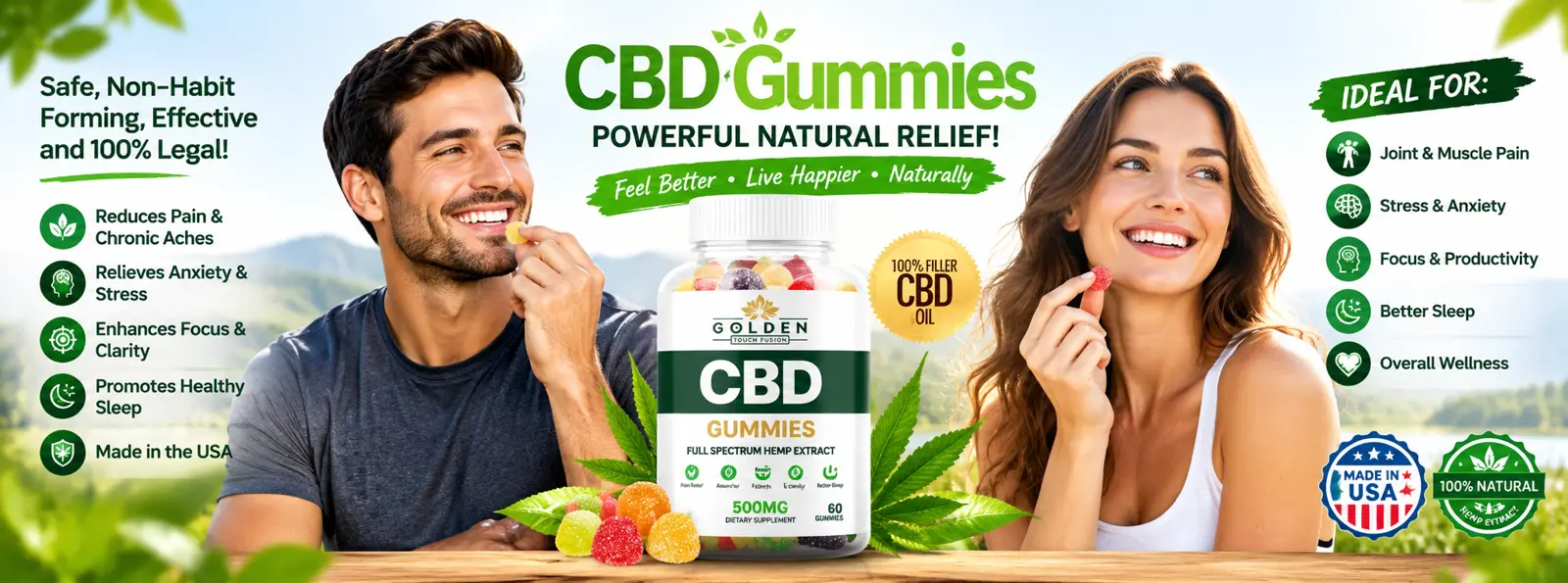 Smiling man and woman enjoying Golden Touch Fusion CBD Gummies outdoors