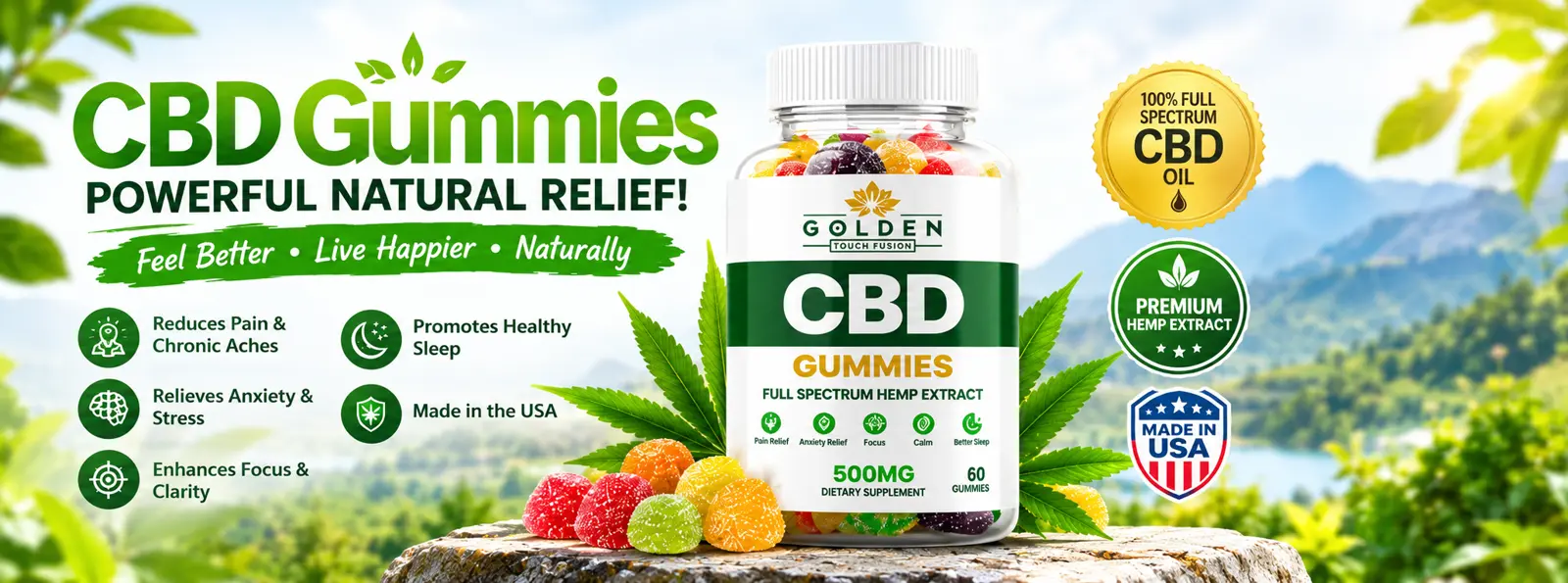 Golden Touch Fusion CBD Gummies bottle with fruit gummies — powerful natural relief