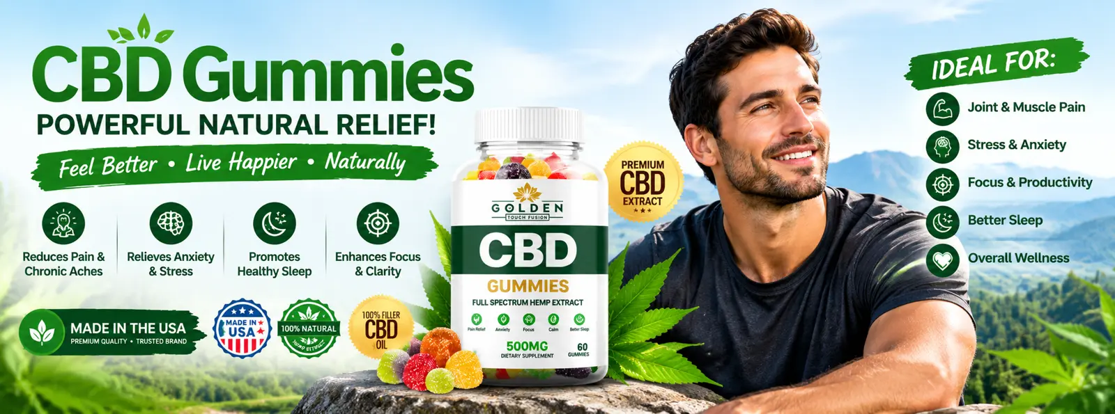 Man relaxing outdoors next to a bottle of Golden Touch Fusion CBD Gummies